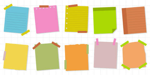 Sticky notes and colorful paper sheets. Collection of colorful paper sheets of notes stuck with sticky tape isolated on white background