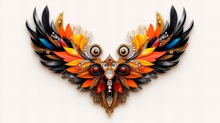 Fototapeta premium Intricate artwork resembling a winged creature, crafted with vibrant orange, black, and gold elements.