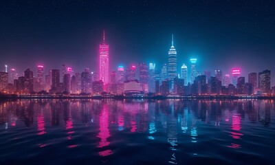 A neon-lit city at midnight, with glowing skyscrapers in vivid pink and cyan, reflected into a mirrored void, surrounded by a dark, star-filled sky that enhances the luminous colors.