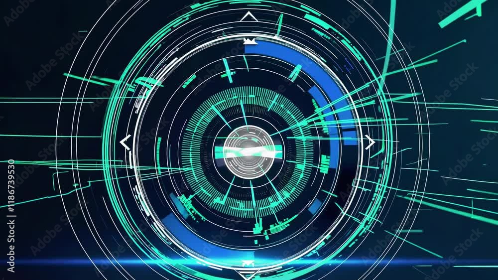 Poster vibrant digital design showcasing abstract circular patterns and dynamic lines in a futuristic setti