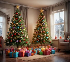 A decorated Christmas tree with colorful ornaments and wrapped gifts underneath it , Christmas tree, holiday decor, sparkling
