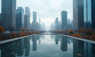 Naklejka premium A mirrored city scene under a cloudy, overcast afternoon, with soft, muted tones of gray, pastel blue, and faded pink reflecting on the glass facades of skyscrapers.
