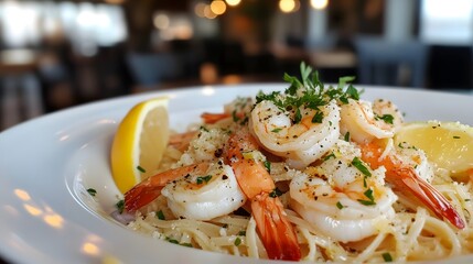 A Tasty Linguine Shrimp Scampi Dish with Savory Garlic Olive Oil Sauce, Perfectly Combined with Fresh Lemon and Parsley for Family Dining
