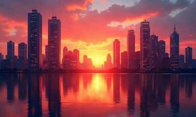 Fototapeta premium An abstract urban landscape at sunset, with skyscrapers glowing in deep orange, pink, and red hues, mirrored perfectly into the horizon, as the sky.