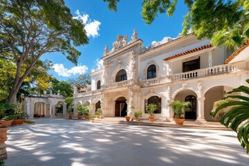 Obraz premium A serene shot of Uxmal Governor Palace, with its ornate facade and clear blue skies in the background