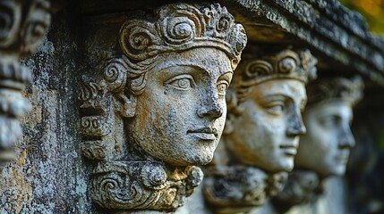 Obraz premium Weathered Stone Carvings Of Ancient Faces Adorn A Wall