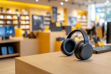 Headphones on Display: A pair of sleek, black headphones rests on a wooden display counter in a modern electronics store, the bustling background blurring into an abstract setting.  