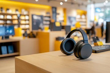 Wall murals Headphones on Display: A pair of sleek, black headphones rests on a wooden display counter in a modern electronics store, the bustling background blurring into an abstract setting.  