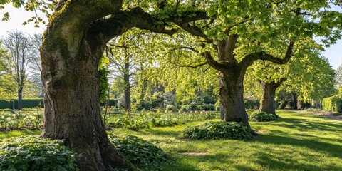 Truncated Dutch lime trees, Tilia x europaea, display stunning young greenery in spring, showcasing the beauty of these trees with their old, gnarled trunks and fresh budding foliage.