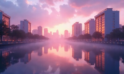 Obraz premium A vibrant mirrored city at dawn, with a soft glow illuminating buildings in pastel tones of purple, pink, and gold, their reflections blending into a misty atmosphere.
