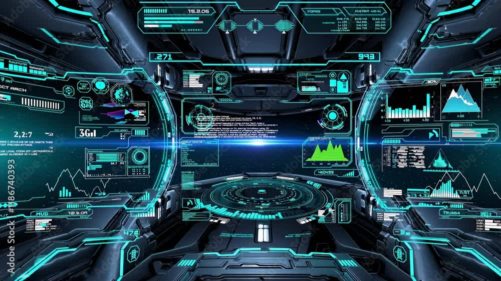 Poster futuristic control center with glowing interfaces and data displays in a high-tech space environment
