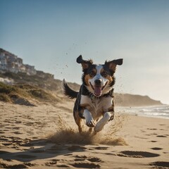 A playful dog running along the beach, kicking up sand, with its owner throwing a frisbee.