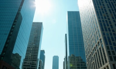 A mirrored urban scene at midday, where bright sunlight casts sharp reflections on the glassy skyscrapers in hues of turquoise and white, blending into a hazy, cloudless blue sky.