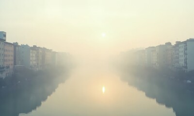 Fototapeta premium An infinite mirrored cityscape in the early morning fog, with muted pastel buildings barely visible, reflecting into a hazy void under a pale, glowing sky.