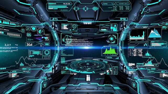 Futuristic control center with glowing interfaces and data displays in a high-tech space environment. FVX, HUD style.