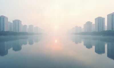 Fototapeta premium An infinite mirrored cityscape in the early morning fog, with muted pastel buildings barely visible, reflecting into a hazy void under a pale, glowing sky.