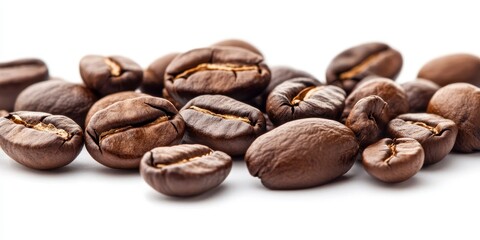 Naklejka premium Roasted coffee beans displayed against a white background create an appealing visual. The macro focus on roasted coffee beans emphasizes their rich texture and color, inviting coffee lovers.