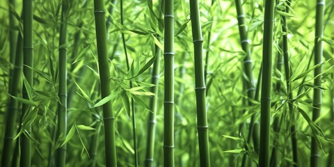 Fototapeta premium Lush green bamboo forest during spring time, showcasing vibrant green bamboo growth and the serene beauty of nature in a peaceful green bamboo forest setting.