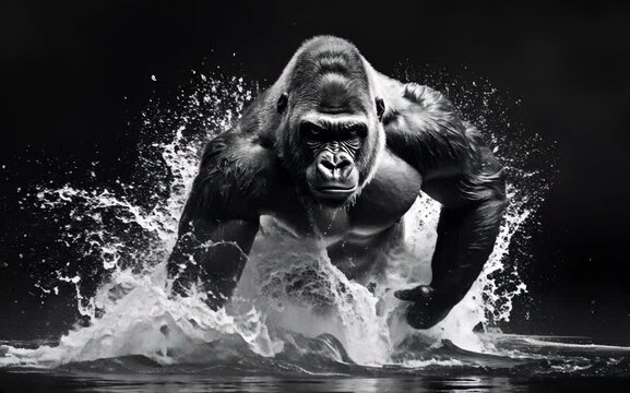 an angry gorilla charging through water, its muscular form highlighted by high-contrast lighting. The dark background