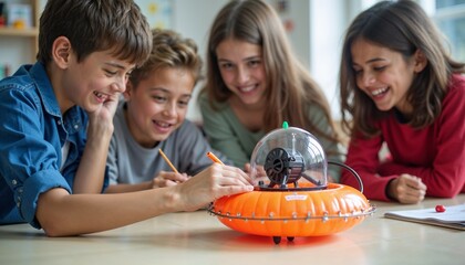 Enthusiastic students designing a futuristic hovercraft model during a STEM workshop, integrating creativity, teamwork, and engineering skills