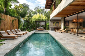 A contemporary pool area with stone tiling, wooden sun loungers, and a bamboo privacy screen