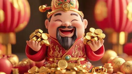 Naklejka premium 3D illustration of the Chinese God of Wealth, smiling broadly as he holds gold ingots and coins, radiating luck and fortune for the New Year.