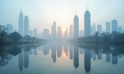 Obraz premium A mirrored urban landscape during a misty afternoon, with soft light illuminating the skyscrapers in faded pastel colors, their reflections blending into a dreamy, overcast horizon.