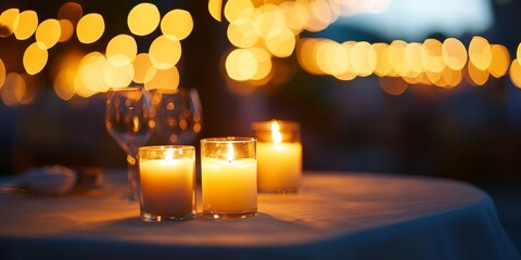 Atmosphere of a candlelit dining table in a restaurant is ideal for special occasions. A romantic dinner setup enhances festive gatherings, making it perfect for celebrations.