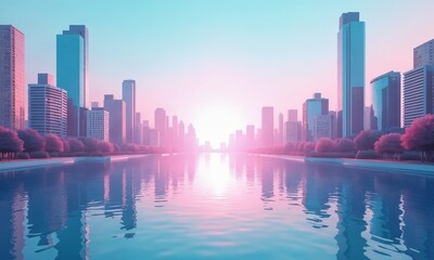 Fototapeta premium A surreal cityscape with a mirrored effect, featuring tall, modern skyscrapers in vibrant pastel tones of pink, blue, and teal, reflecting into a seamless horizon.