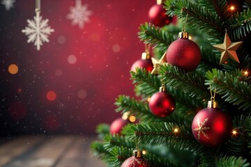 Obraz premium Red and gold Christmas tree decorated with ornaments hanging snowflake star in the background, winter, festive