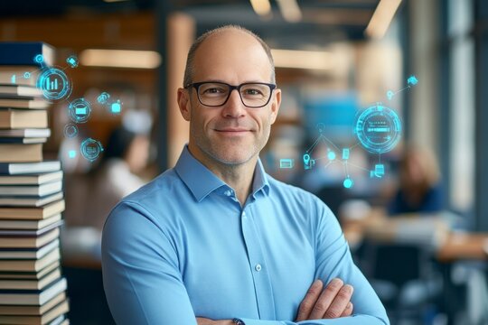 Confident in Knowledge: A mature, professional man with glasses and a light blue shirt exudes confidence, standing with arms crossed against a backdrop of a library or a learning space.