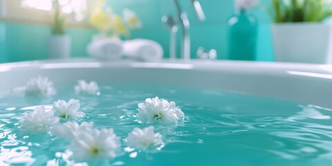 Soothing Color Background. Stylish Turquoise and White Decor for a Relaxing Bath Experience. Water as a Serene Dream Getaway.