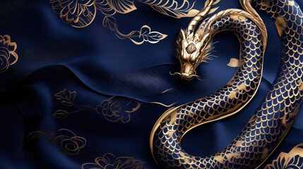 Obraz premium 2025 Chinese New Year greeting card template, featuring the Year of the Snake on a rich dark blue background, with elegant festive designs.
