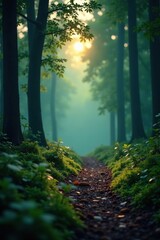 Obraz premium Quiet and peaceful forest at dusk with soft focus, bokeh, peaceful, aqua