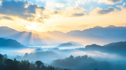 Sunrise Over Guilin's Distant Mountains with Fog and Golden Sunlight. Bright Colors and Vitality in a Monet-Inspired Scene.