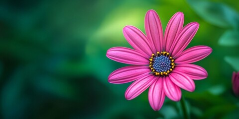 Obraz premium Close up of a pink daisy against a vibrant green background, highlighting the delicate beauty of the pink daisy and its intricate petal details amidst the lush greenery.