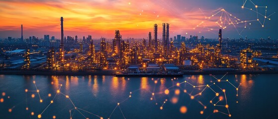 A vibrant industrial skyline at sunset, showcasing energy production and technological advancement.