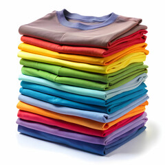 A stack of neatly folded T-shirts in assorted colors,