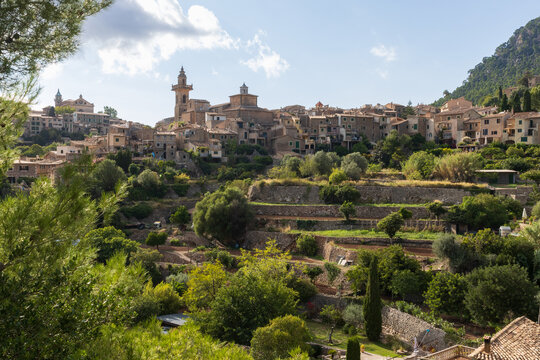 Panoramic view to the picturesque mountain village of Valldemossa on the Balearic island of Majorca in Spain.