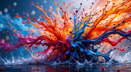 Colorful Paint Splashes on a Dark Reflective Surface