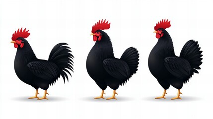 Fototapeta premium Three black roosters with red combs stand against a white background. A striking image of poultry.
