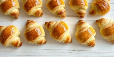 Delicious crescent rolls displayed on a white wooden table, capturing the flaky texture and golden color of crescent rolls from a top down perspective, perfect for food photography.