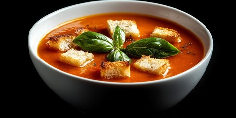 Bowl of tomato soup featuring croutons and basil leaves set against a black background, ideal for highlighting the flavorful tomato soup. Perfect view for showcasing delicious tomato soup.