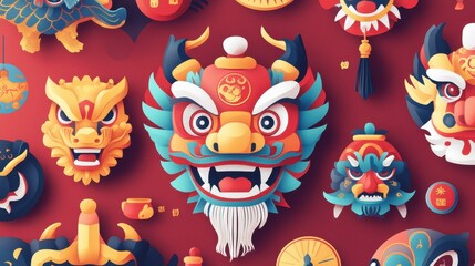 Colorful Lion Dance Masks and Festive Chinese New Year Decorations