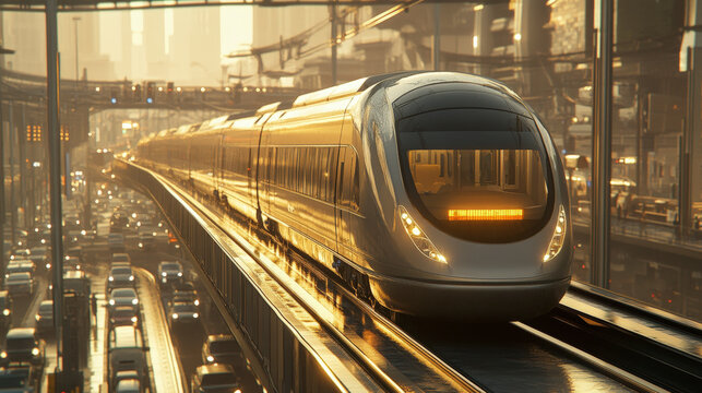 Sleek high-speed train gliding through urban landscape, showcasing futuristic transportation solutions amid bustling city traffic congestion. Discover efficient travel.