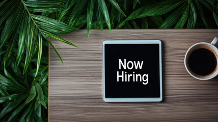 Now hiring sign on tablet surrounded by greenery and coffee cup