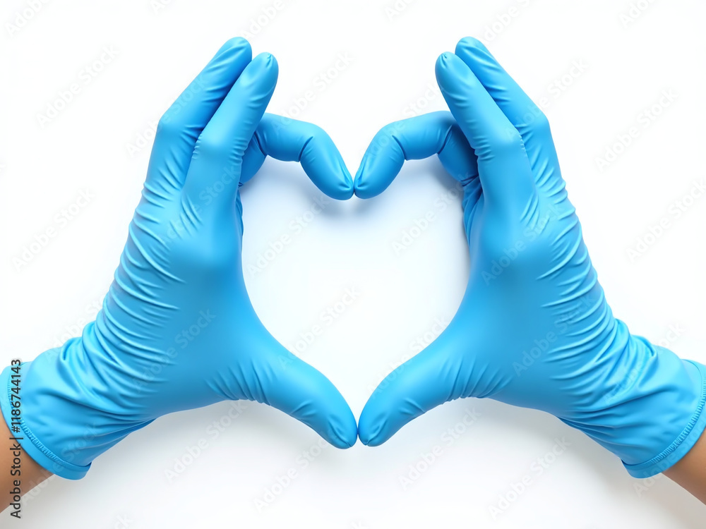 Poster Blue Medical Gloves Forming A Heart Shape On A White Background With A Clipping Path For Isolation. 00001