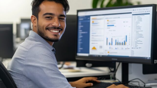 Smiling Data Analyst: A young, smiling data analyst looks over his shoulder,  working on a computer displaying charts and graphs. His positive expression conveys confidence and success in his work. 