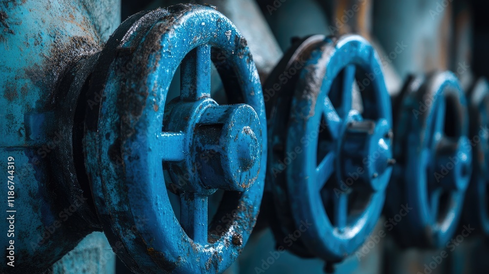 Poster a close-up of blue valves controlling the water treatment process, emphasizing the importance of inn