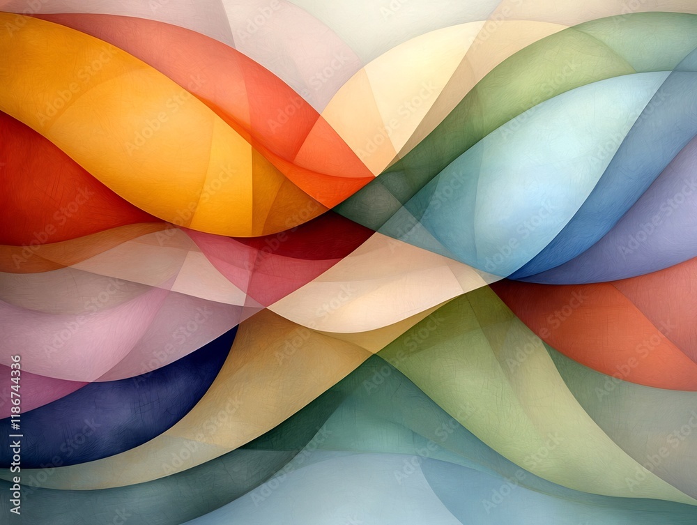 Poster captivating abstract featuring a mesmerizing composition of cascading iridescent forms and overlappi